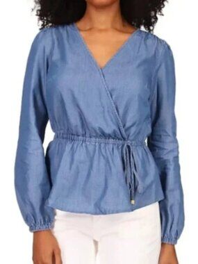MICHAEL Michael Kors Denim Long Sleeve Faux Wrap Top, Size 1X, NwT